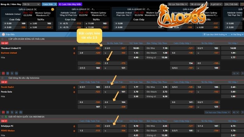 Giao diện đặt cược kèo tài xỉu 2.5 tại ALO789