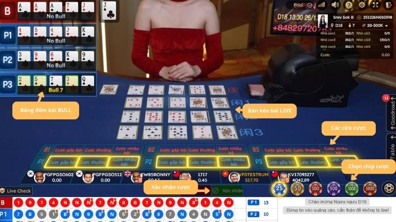 Giao diện chính trong bàn cược Ngưu Ngưu Online